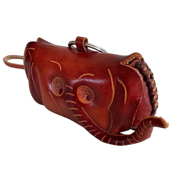 Handmade Elephant Leather Coin Purse Keychain Wristlet Brown Embossed Animal - Picture 2 of 7